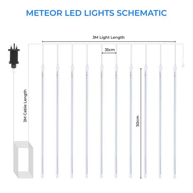 10 Piece LED Meteor Shower String Lights Mains Operated - Image 2