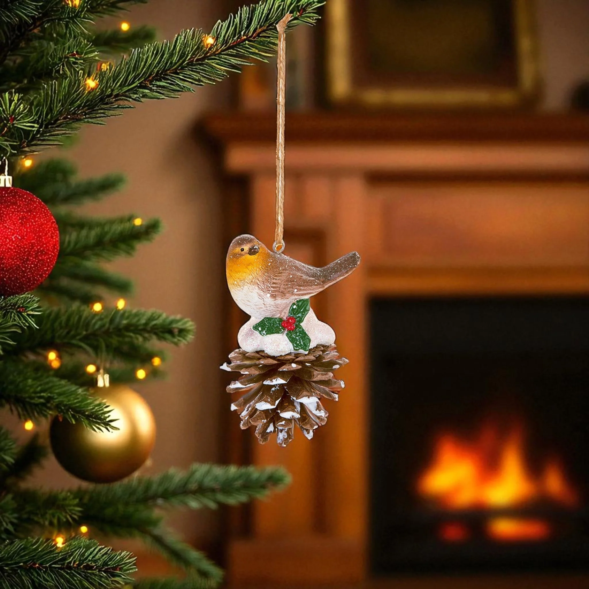10cm Polyresin Robin on Pine Cone Hanging Decoration