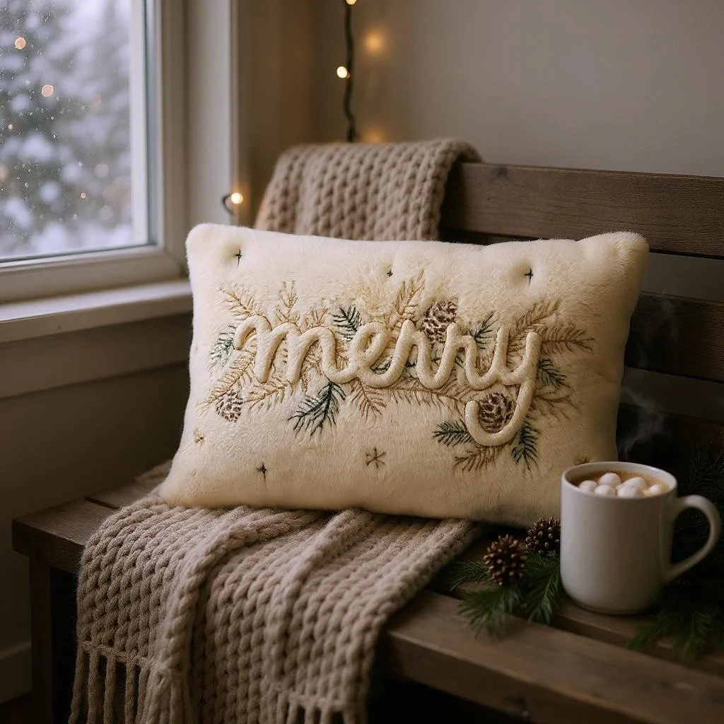 30 x 50cm Faux Fur Embroidered MERRY Cushion - Image 2