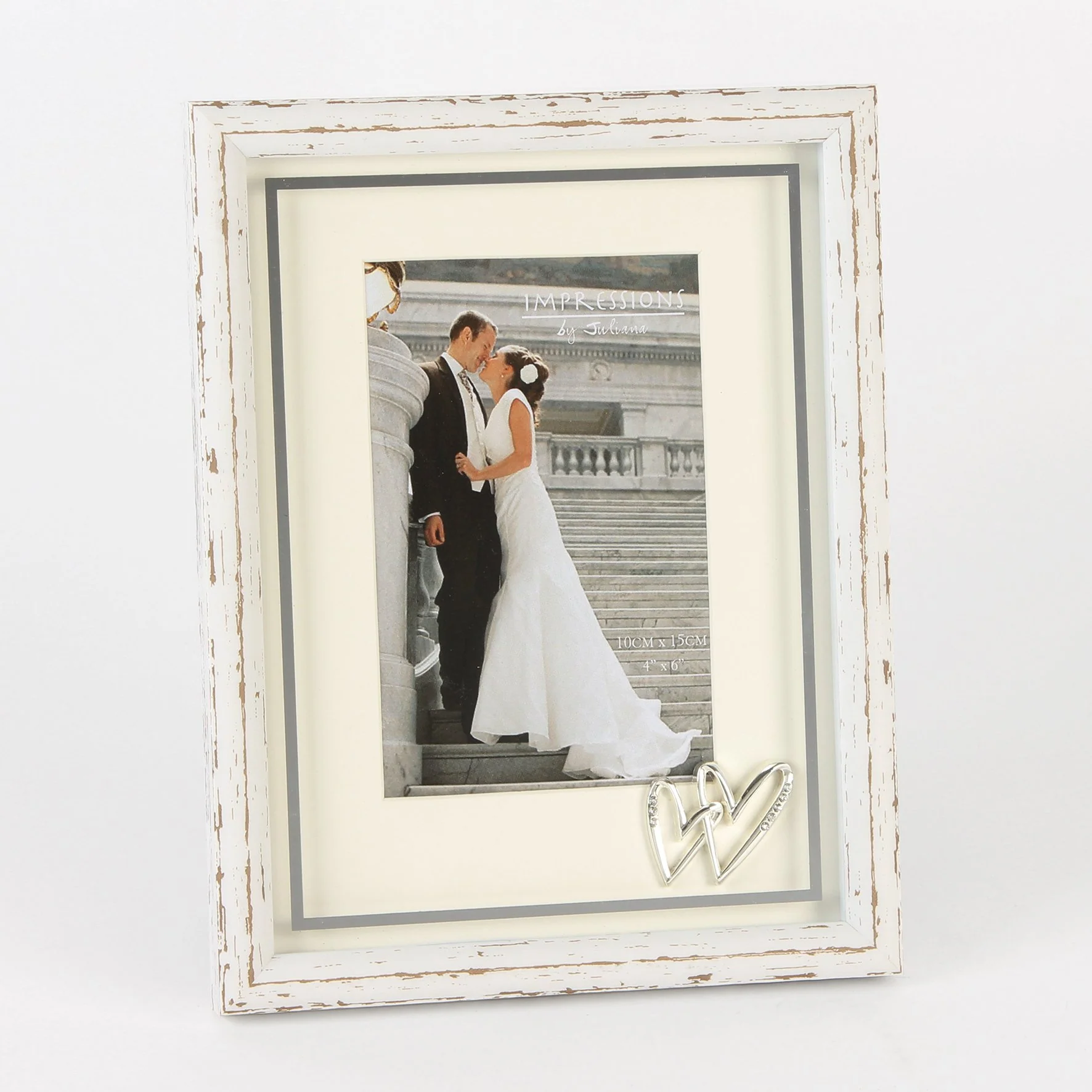 4" x 6" - Distressed Wood Wedding Frame with Heart Icons