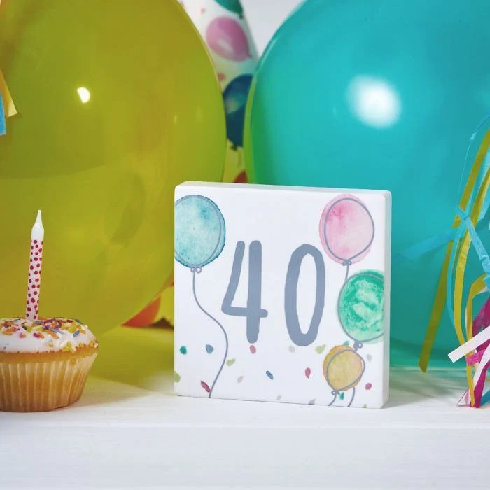 40th Birthday Block White Ceramic With Balloons & Confetti