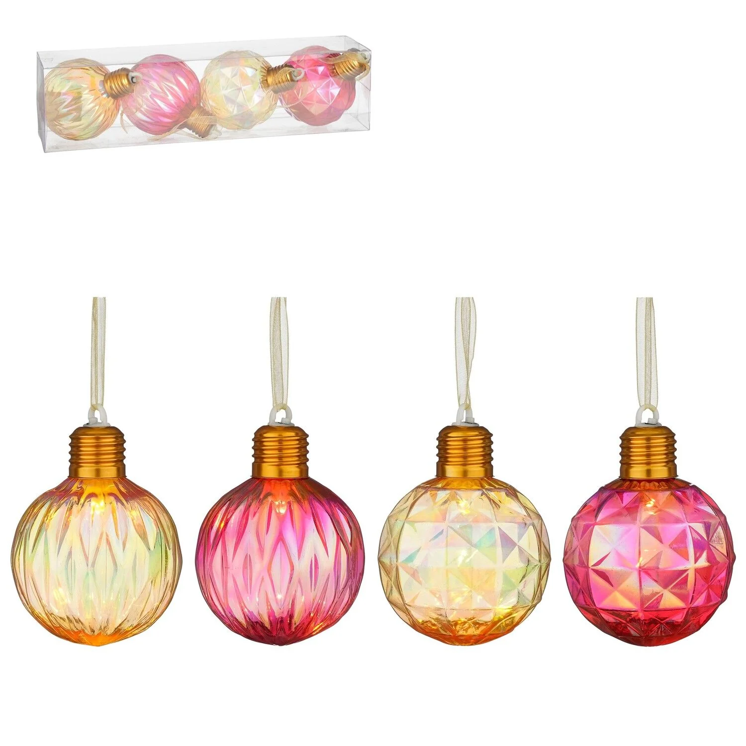 4pc Ornament Ball Red Gold LED Battery Operated 8cm