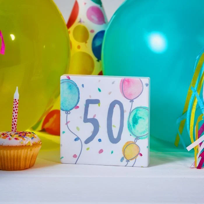50th Birthday Block White Ceramic With Balloons & Confetti