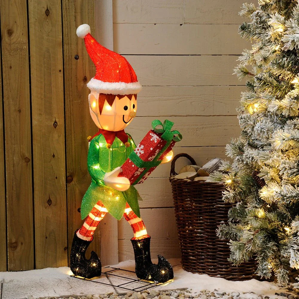 Festive LED Lit Elf With Giftbox - 107cm P046219