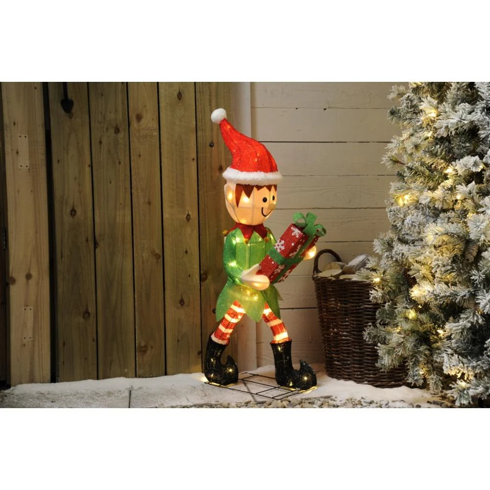 Festive LED Lit Elf With Giftbox - 107cm P046219 - Image 2