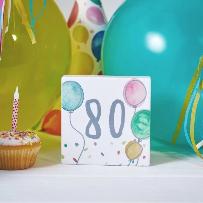 80th Birthday Block White Ceramic With Balloons & Confetti