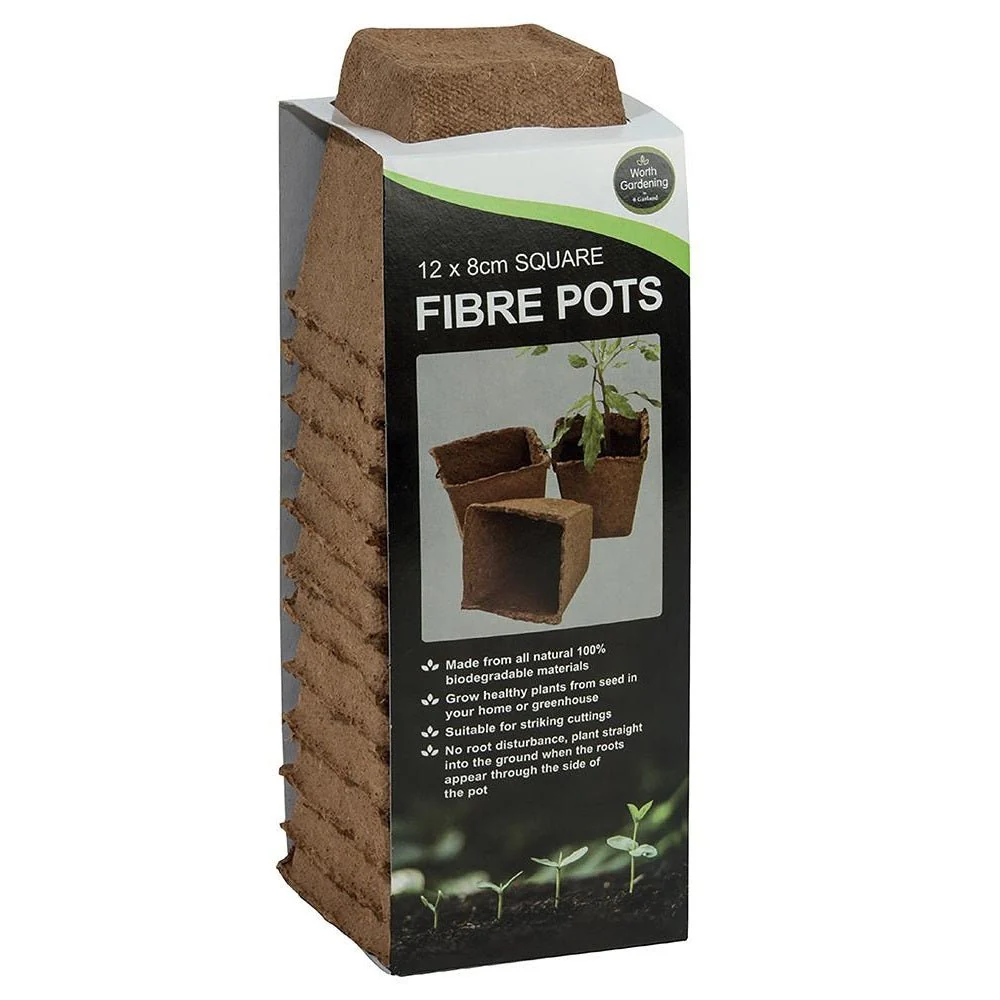 8cm Square Fibre Plant Pots, 12 Pack