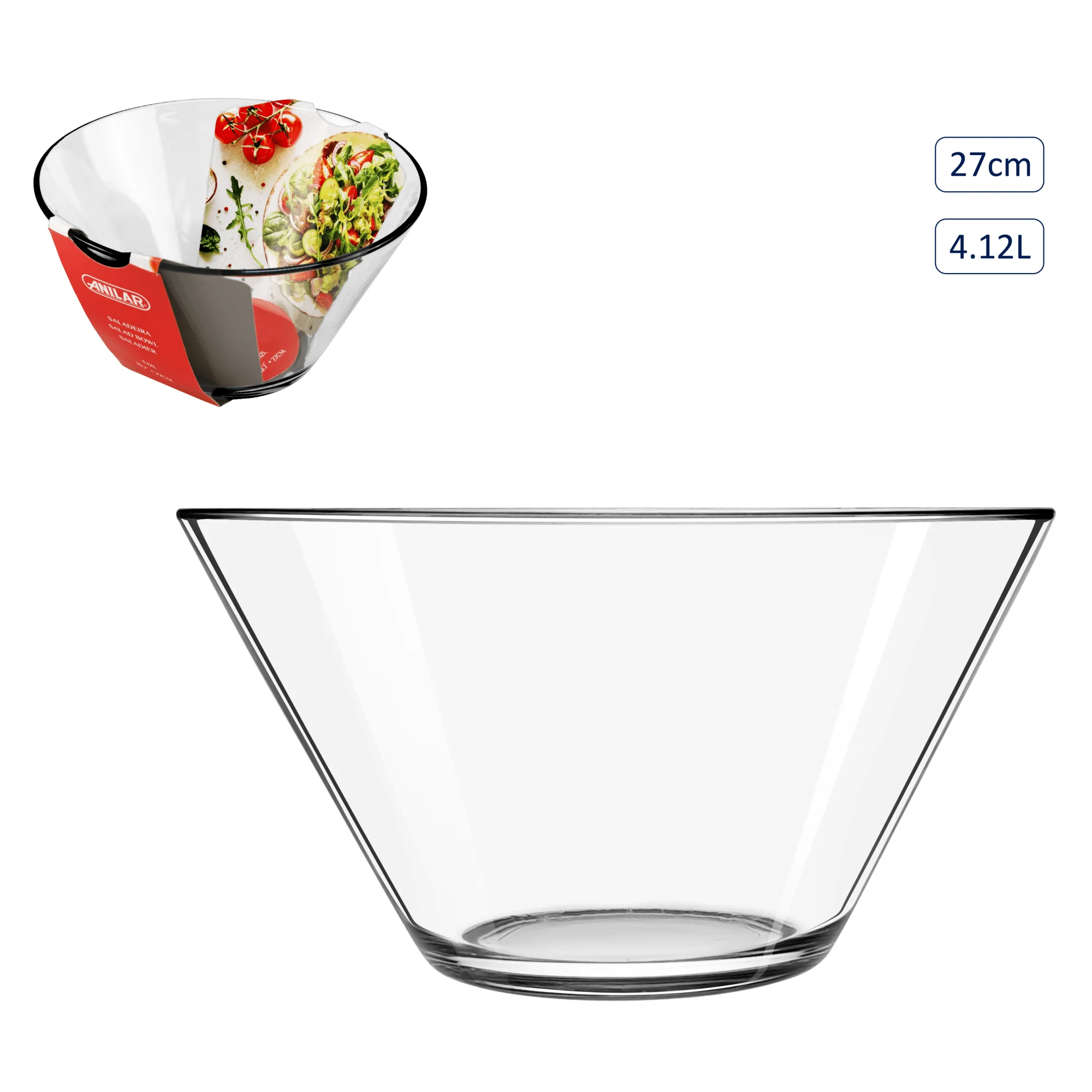 Anilar 27cm Glass Salad Bowl - 4.12L Capacity - Image 2