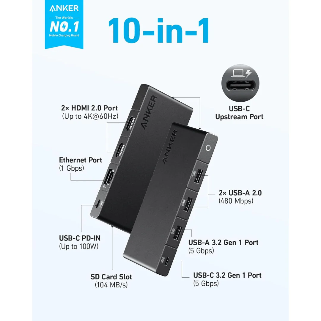 Anker 364 USB C Hub 10-in-1, Dual 4K HDMI) - Black - Image 3