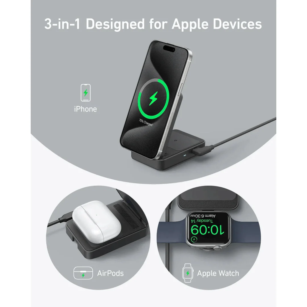 Anker MagGo Wireless Charging Station 15W Foldable 3 in 1- Black - Image 2