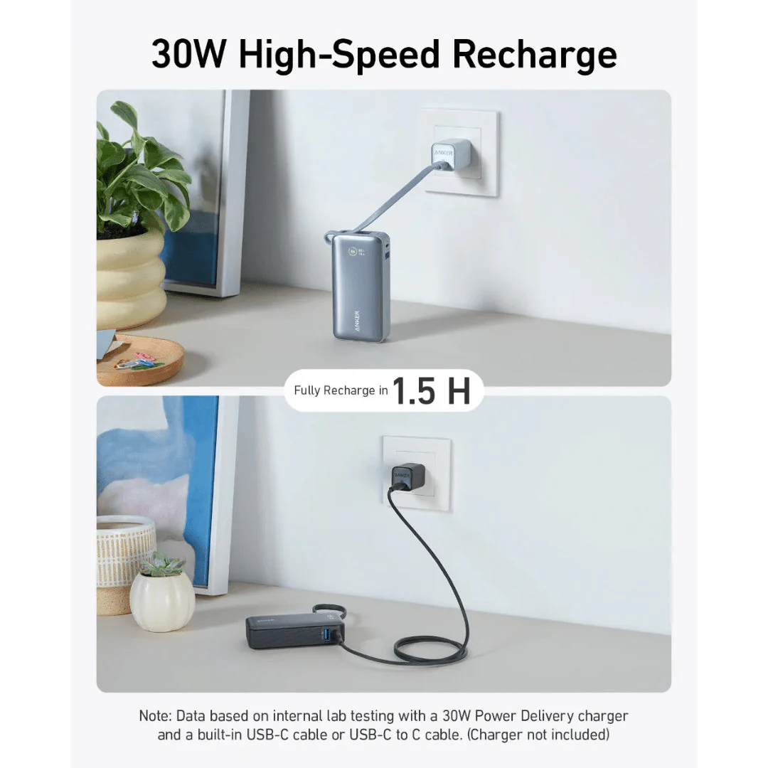 Anker Nano Power Bank 30W 10,000mah Built In USB C Cable - Black - Image 5