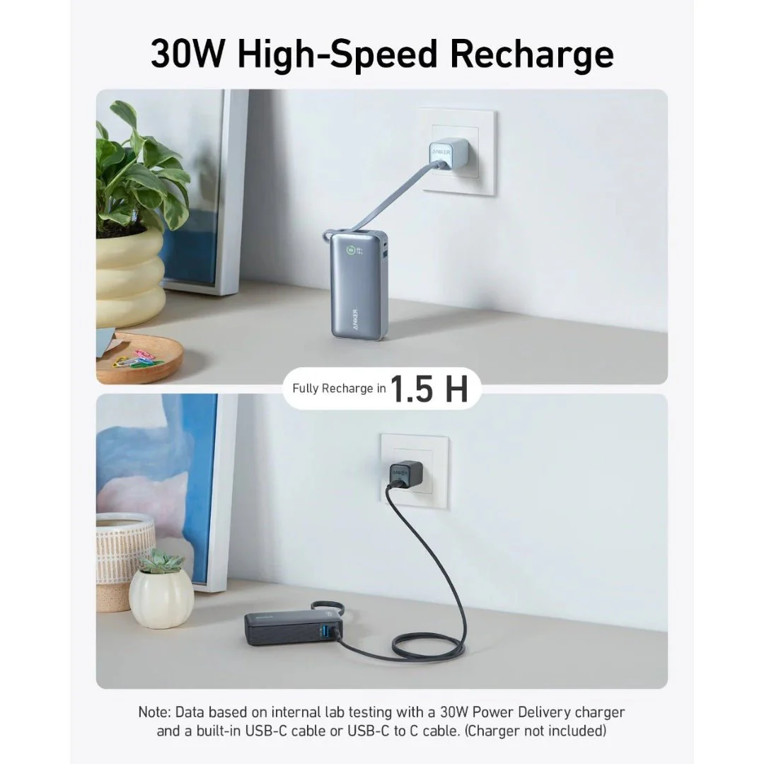 Anker Nano Power Bank 30W 10,000mah Built In USB C Cable - Blue - Image 2