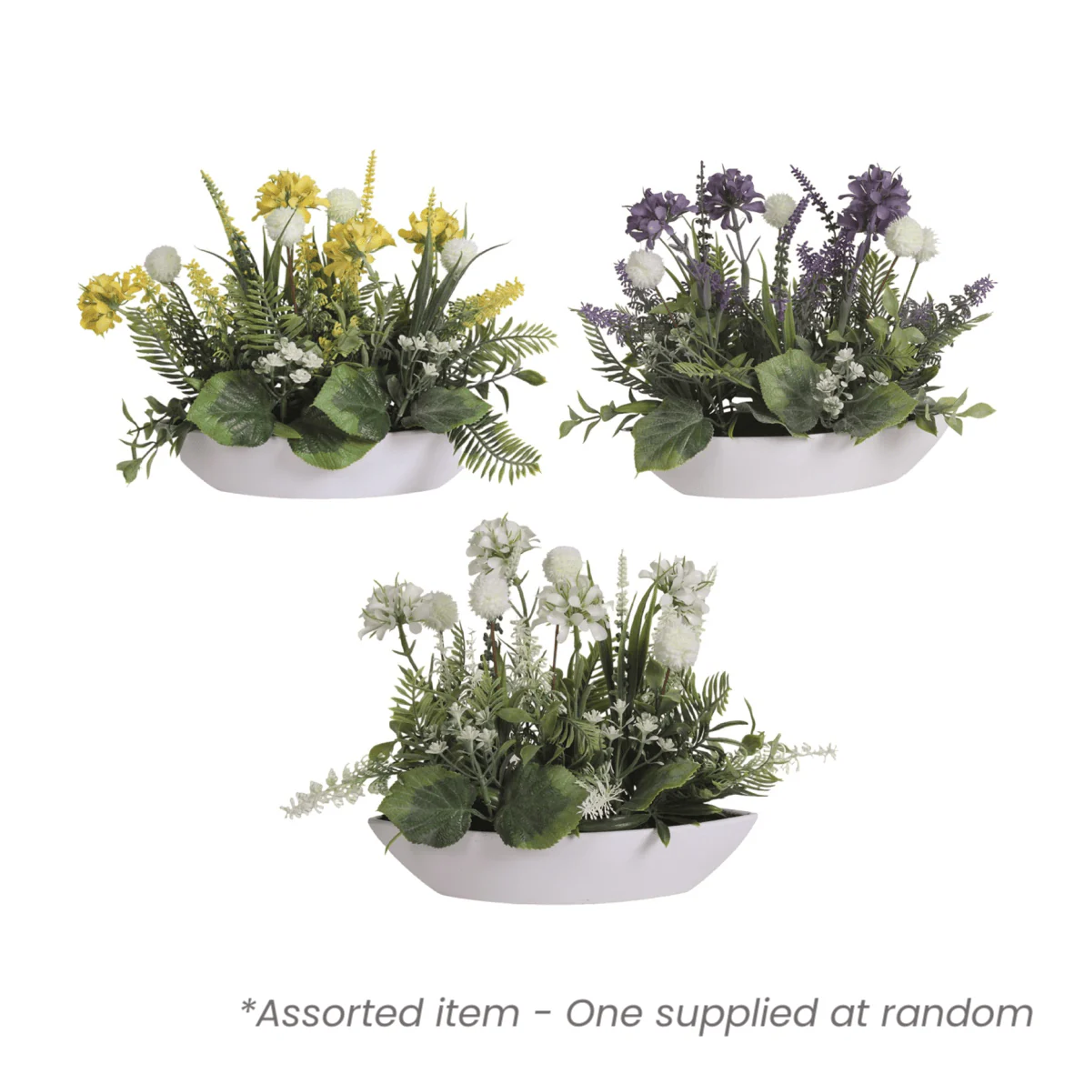Artificial Flower Arrangement in White Ellipse Planter 26cm Assorted - One Supplied*