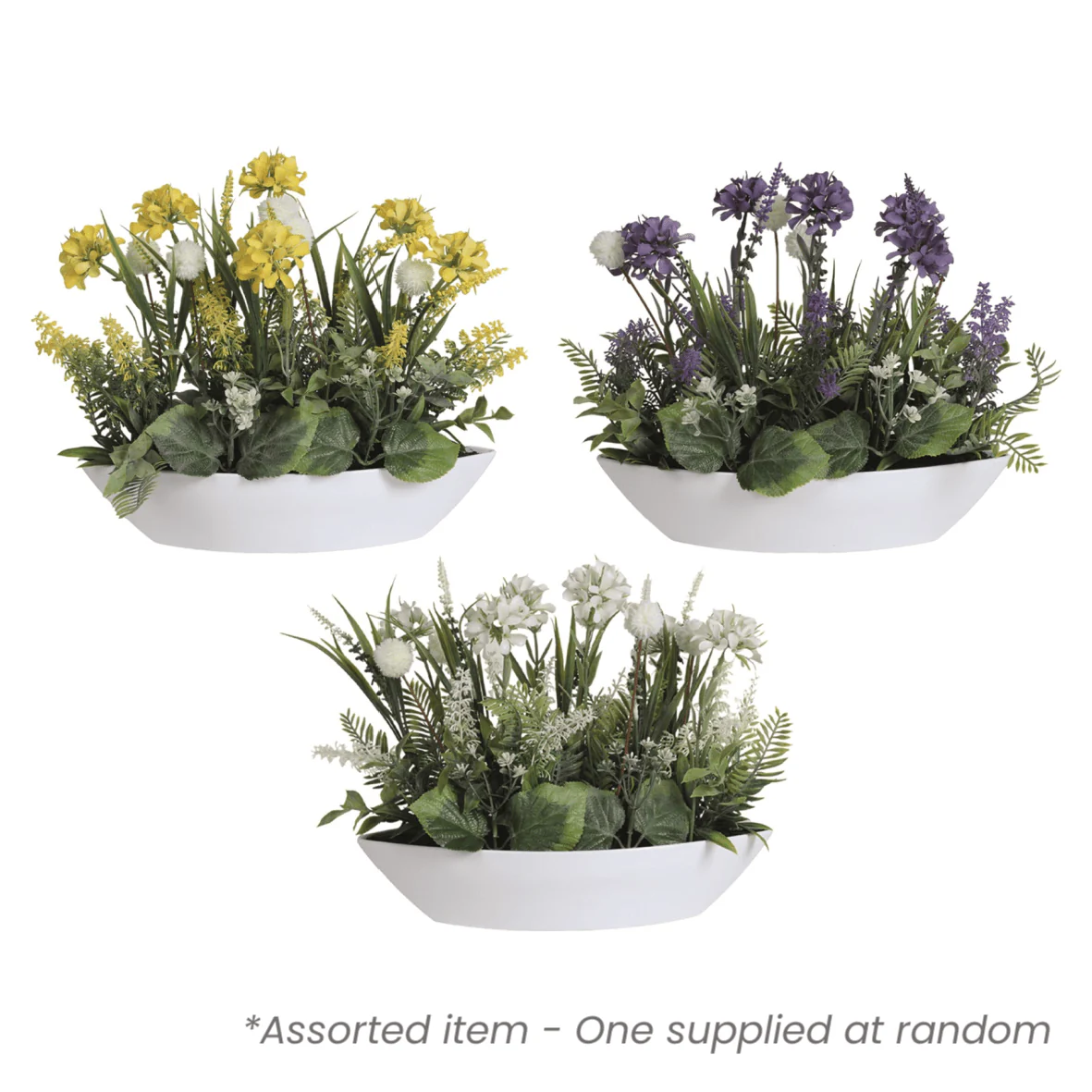 Artificial Flower Arrangement in White Ellipse Planter 27cm Assorted - One Supplied*
