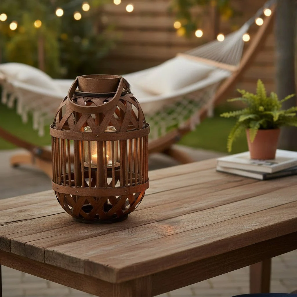 Bamboo Round Lantern with Glass Cup – 34cm Height - Image 2