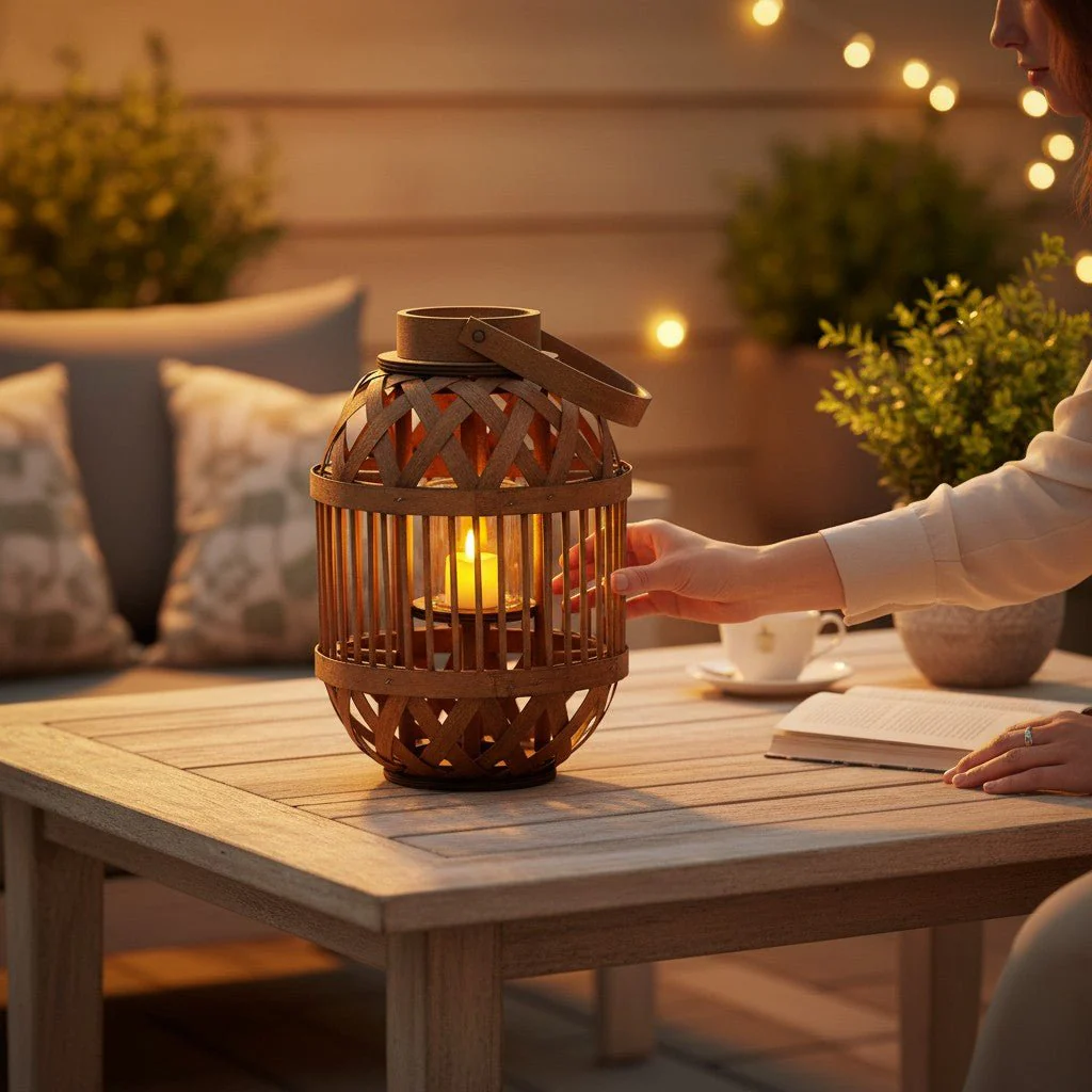 Bamboo Round Lantern with Glass Cup – 47cm Height - Image 2