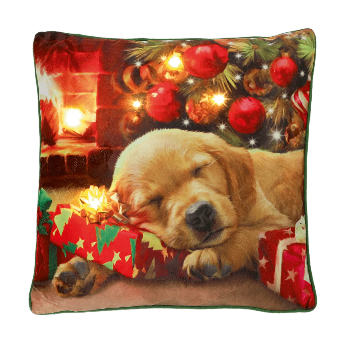 Battery Operated Lit Cushion Puppy Asleep on Present 45 x 45cm