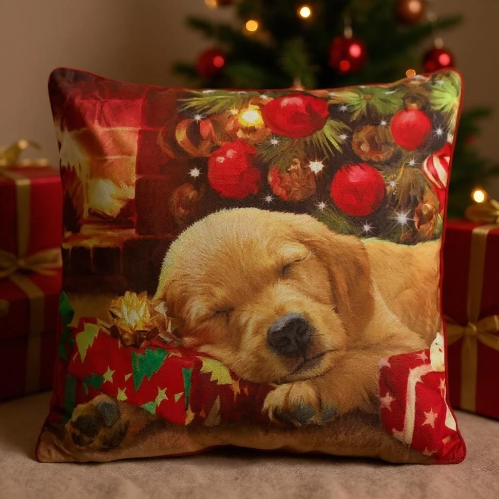 Battery Operated Lit Cushion Puppy Asleep on Present 45 x 45cm - Image 2
