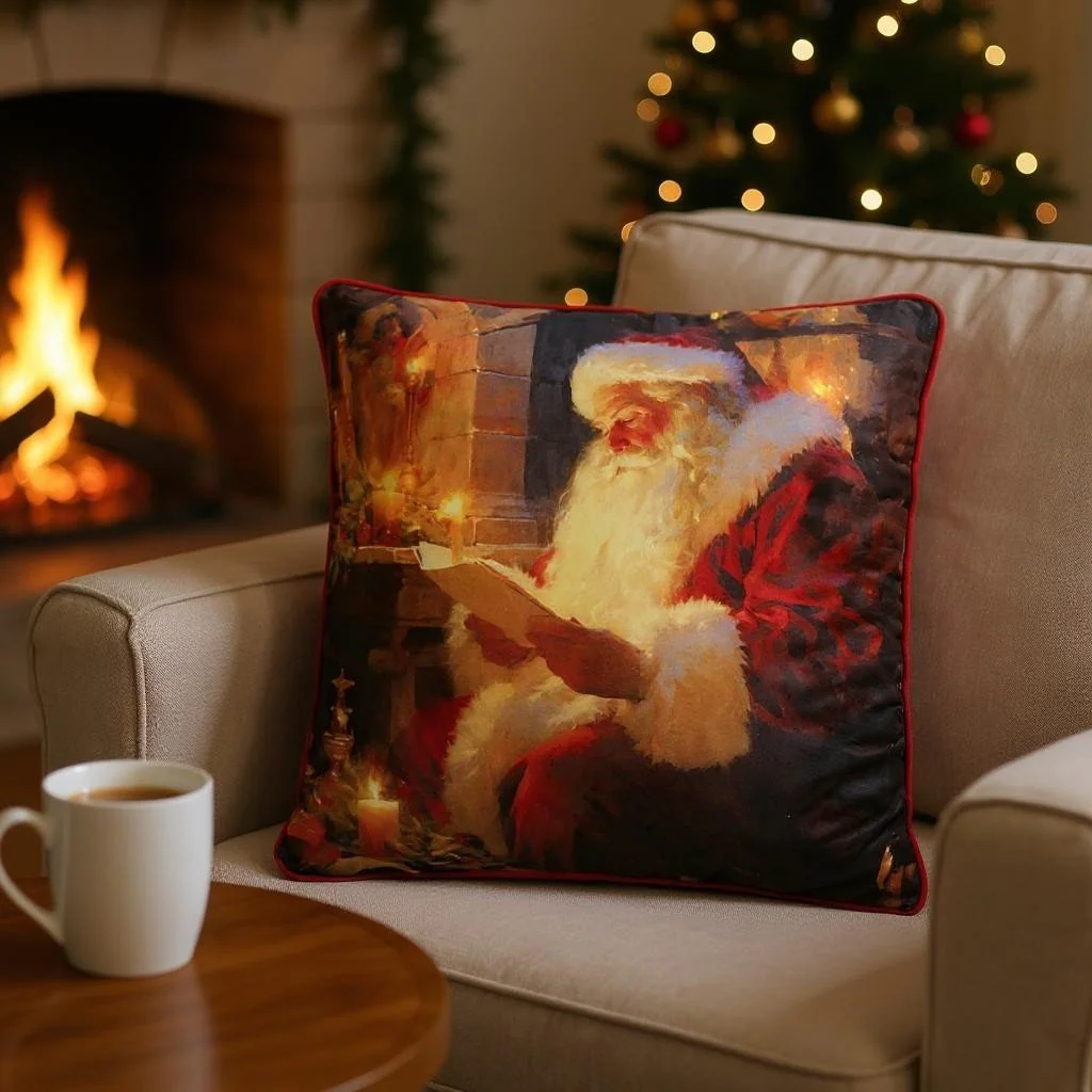 Battery Operated Lit Cushion Santa's Fireside Storytime 45 x 45cm - Image 2