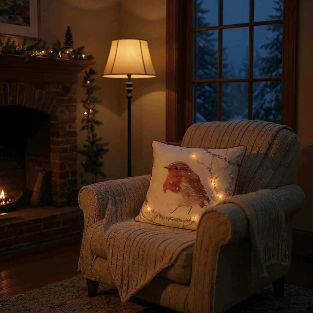 Battery Operated Lit Cushion Winter Glow Robin 45 x 45cm - Image 4