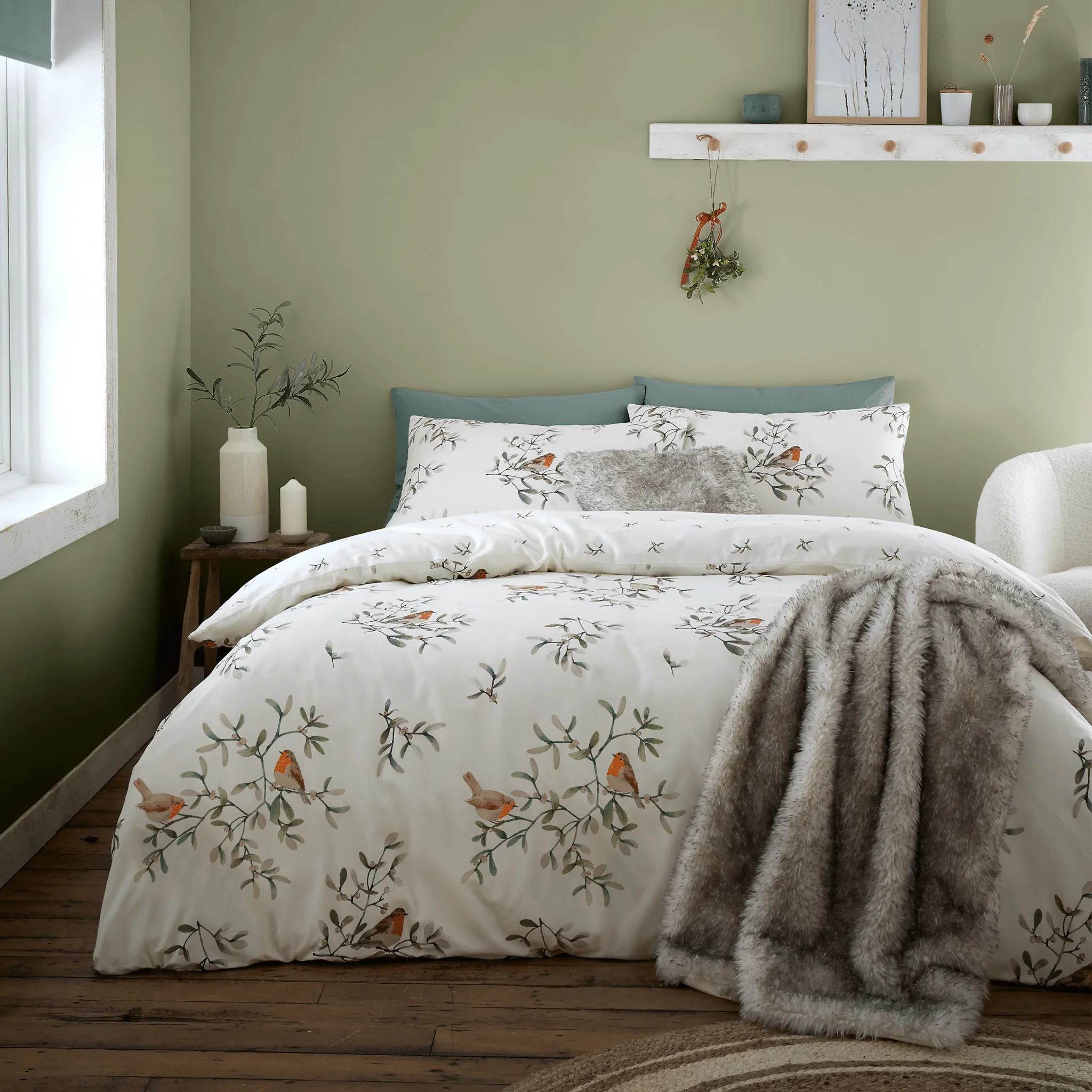 Bianca Brushed Cotton Mistletoe Robins Reversible Duvet Cover Set Double