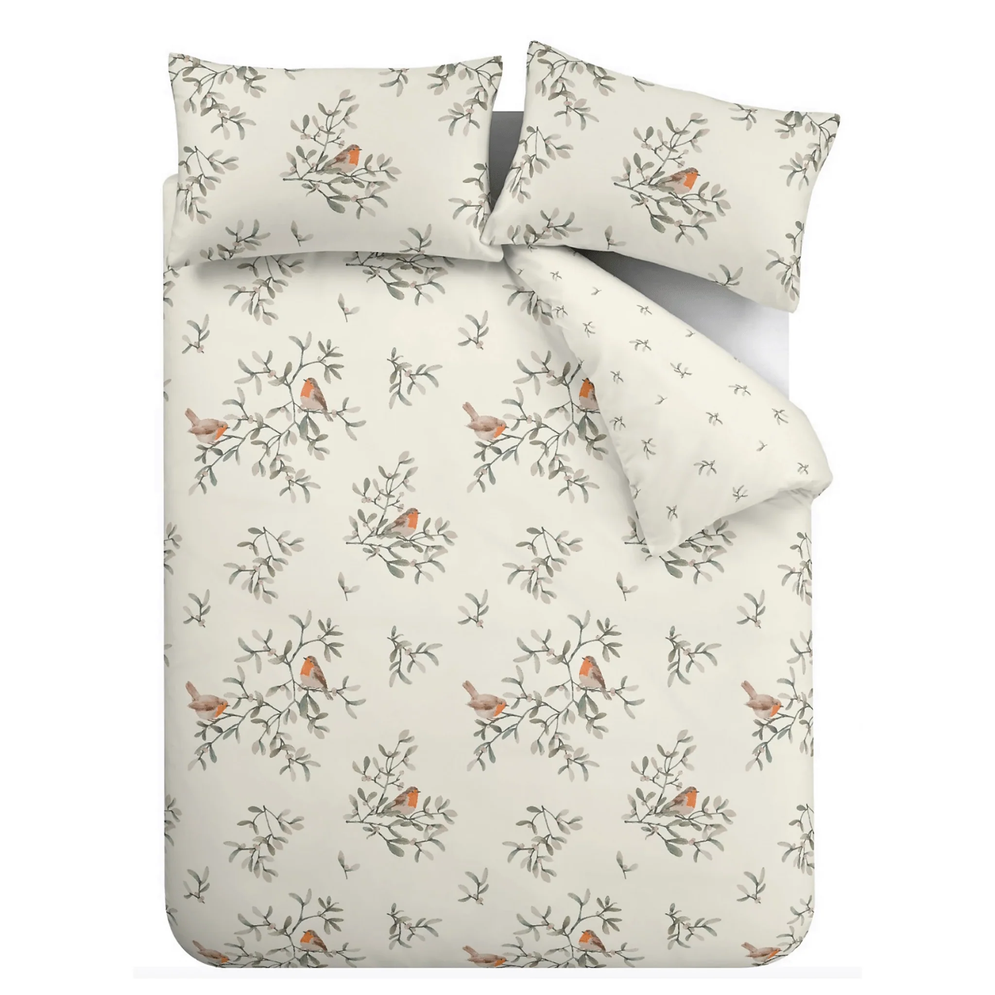 Bianca Brushed Cotton Mistletoe Robins Reversible Duvet Cover Set Kingsize - Image 4