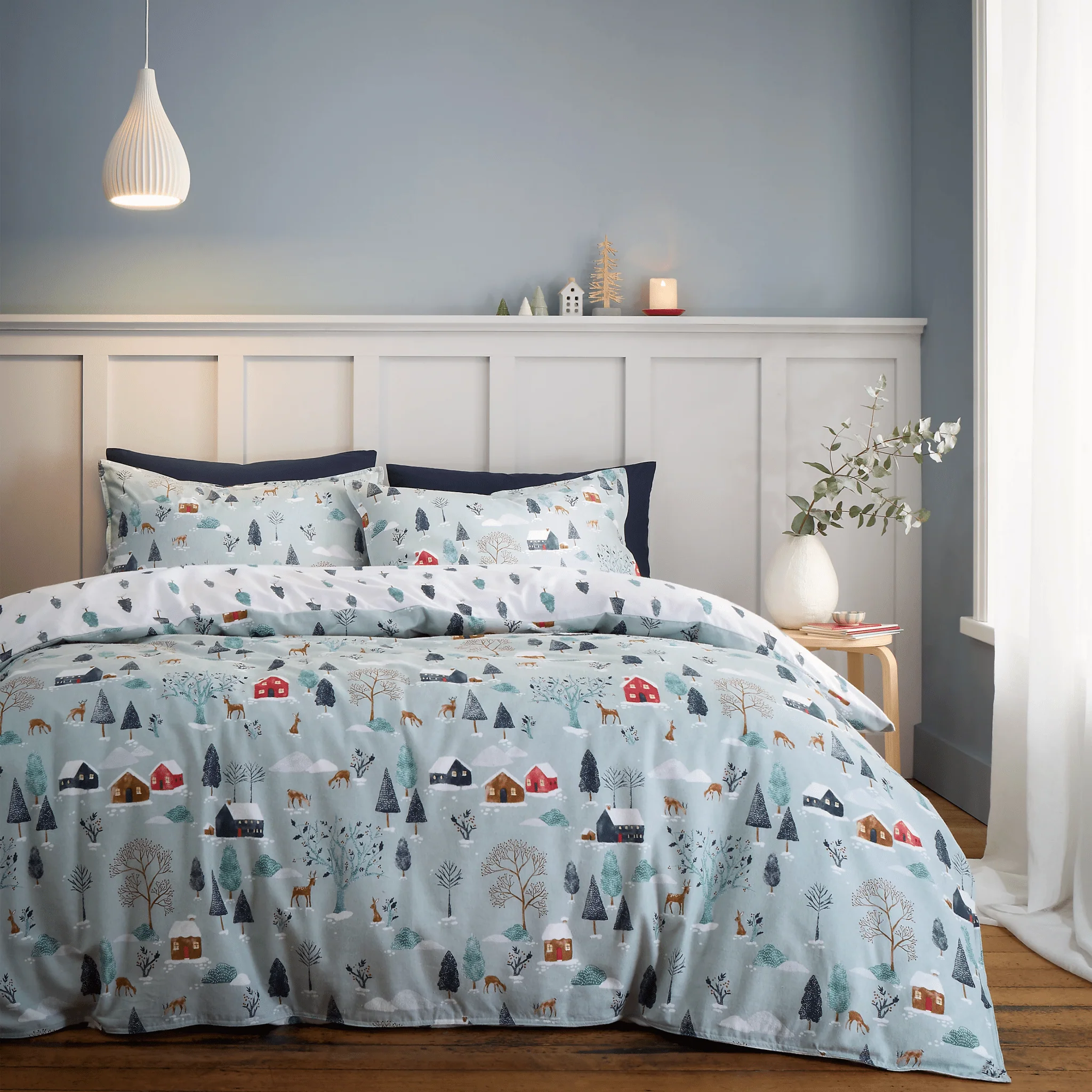 Bianca Brushed Cotton Reversible Winter Scene Duvet Cover Set Double