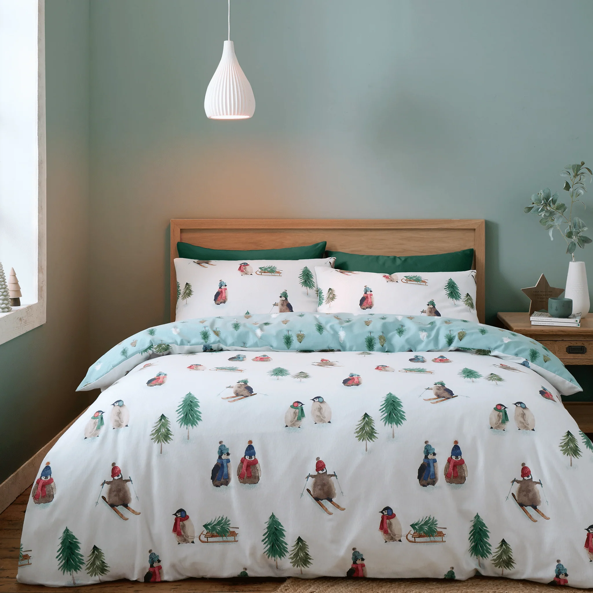 Bianca Brushed Cotton Snowy Penguin Reversible Duvet Cover Set Double
