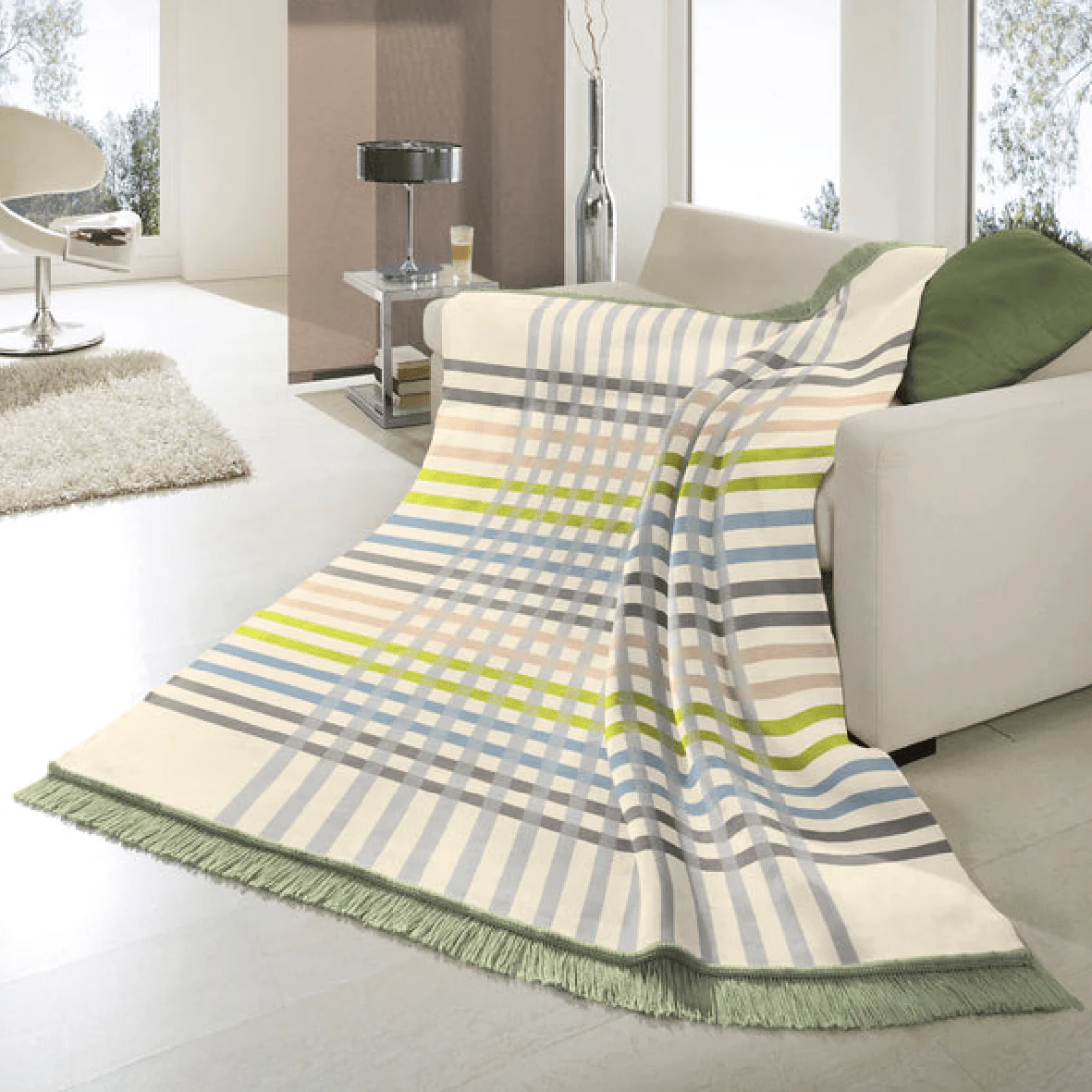 Biederlack Cotton Rich Border Check Blanket Celery Green 140 x 180cm - Image 2