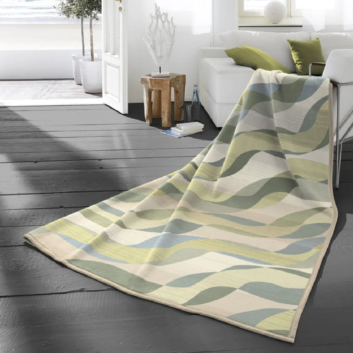 Biederlack Cotton Rich Waves Blanket Grey/Green 140 x 180cm - Image 2