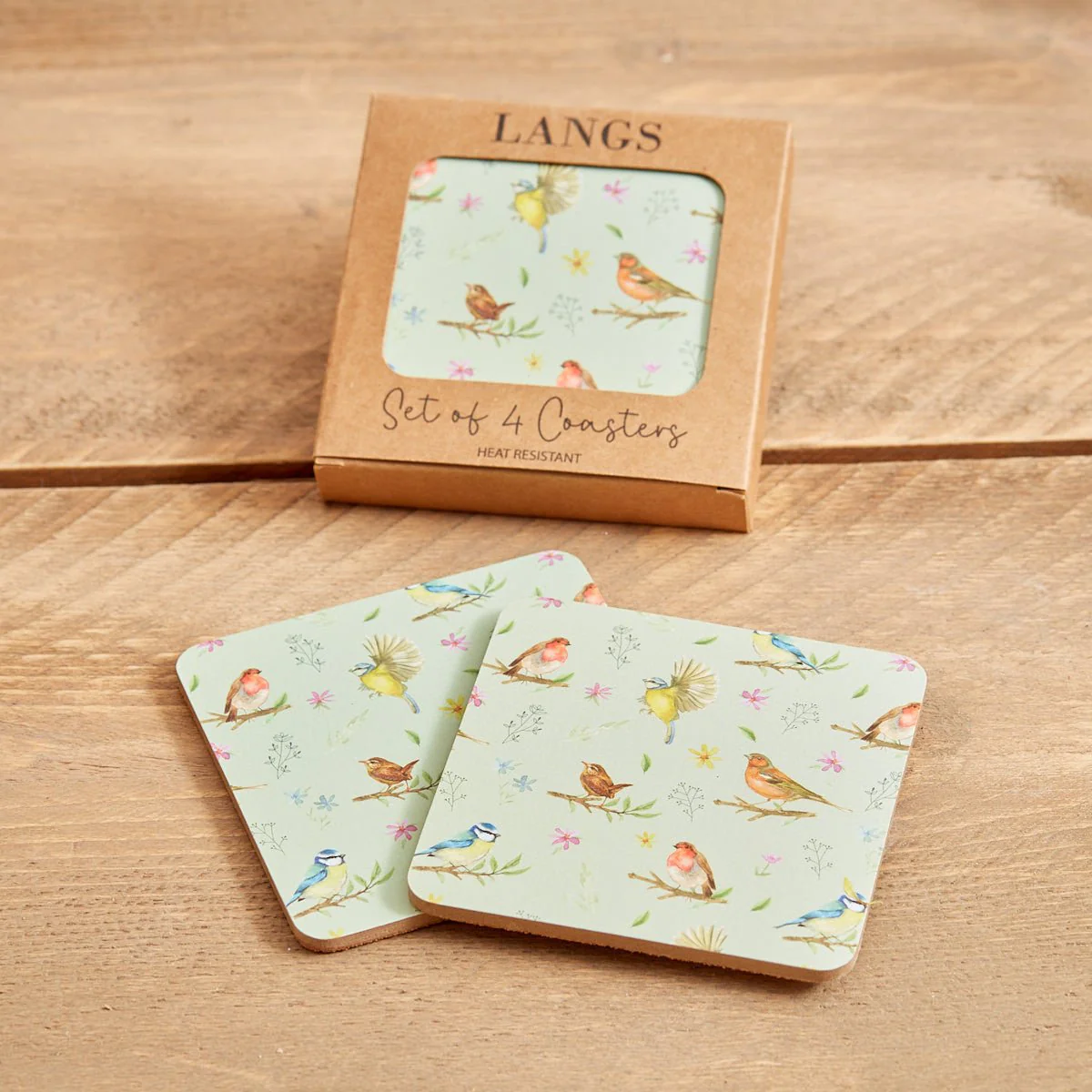 Bird Repeat Coaster S/4 In Display Box Heat Resistant Wood