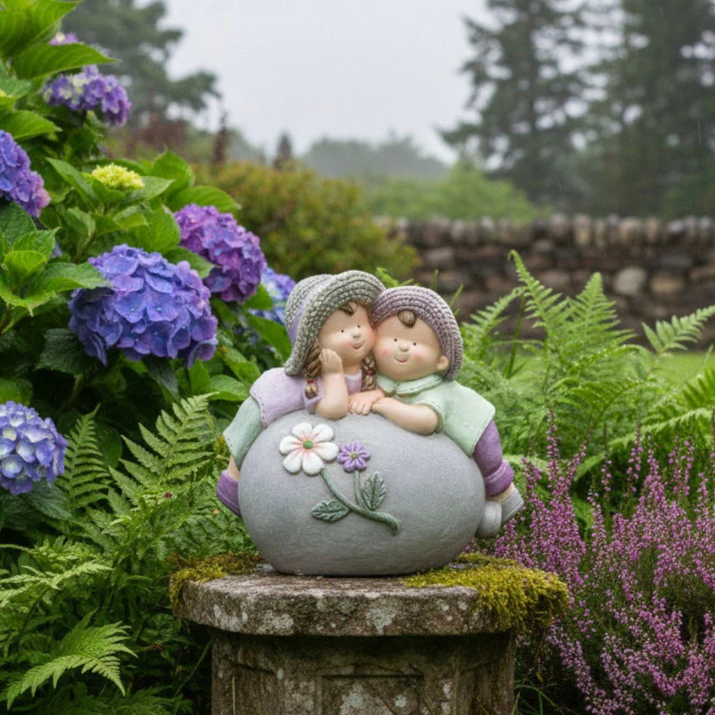 Boy & Girl on Stone with Hats Ornament - Image 2