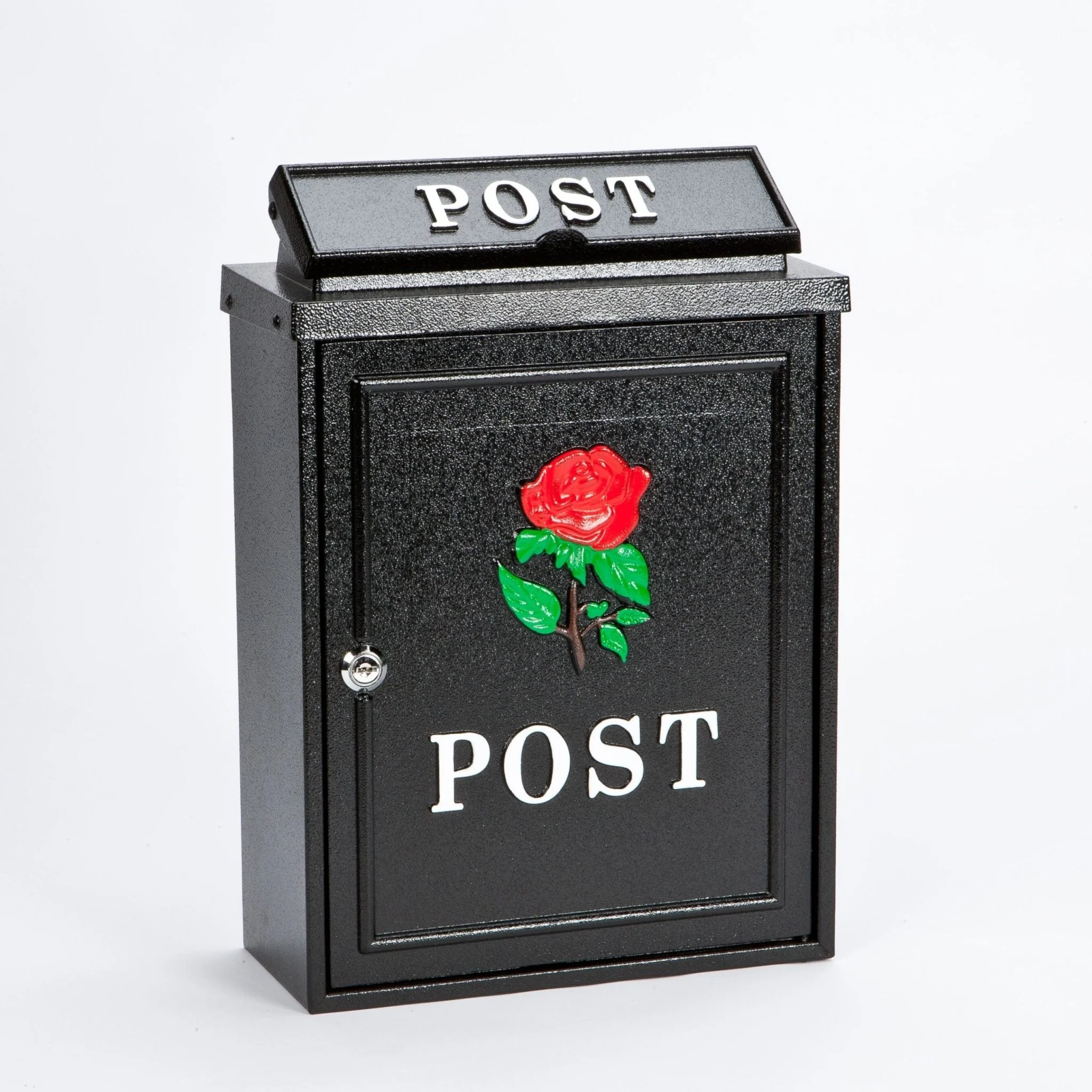 Cast Aluminium Black Post Box With Red Rose