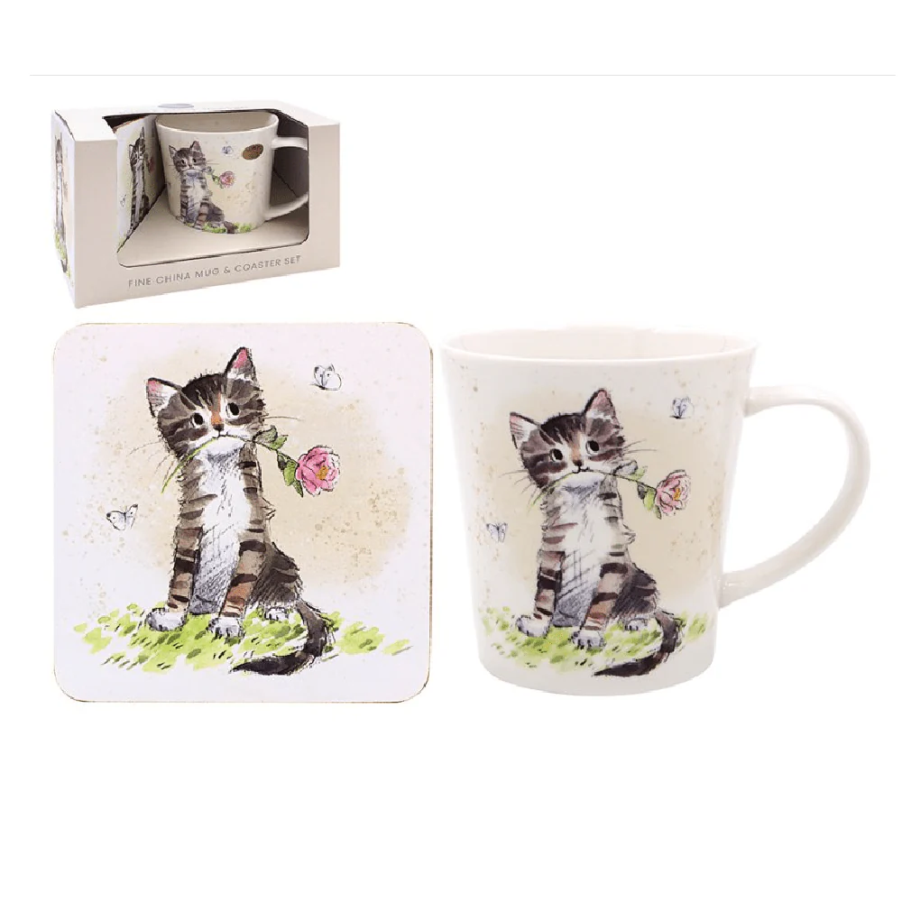 Cat With Rose Mug & Coaster