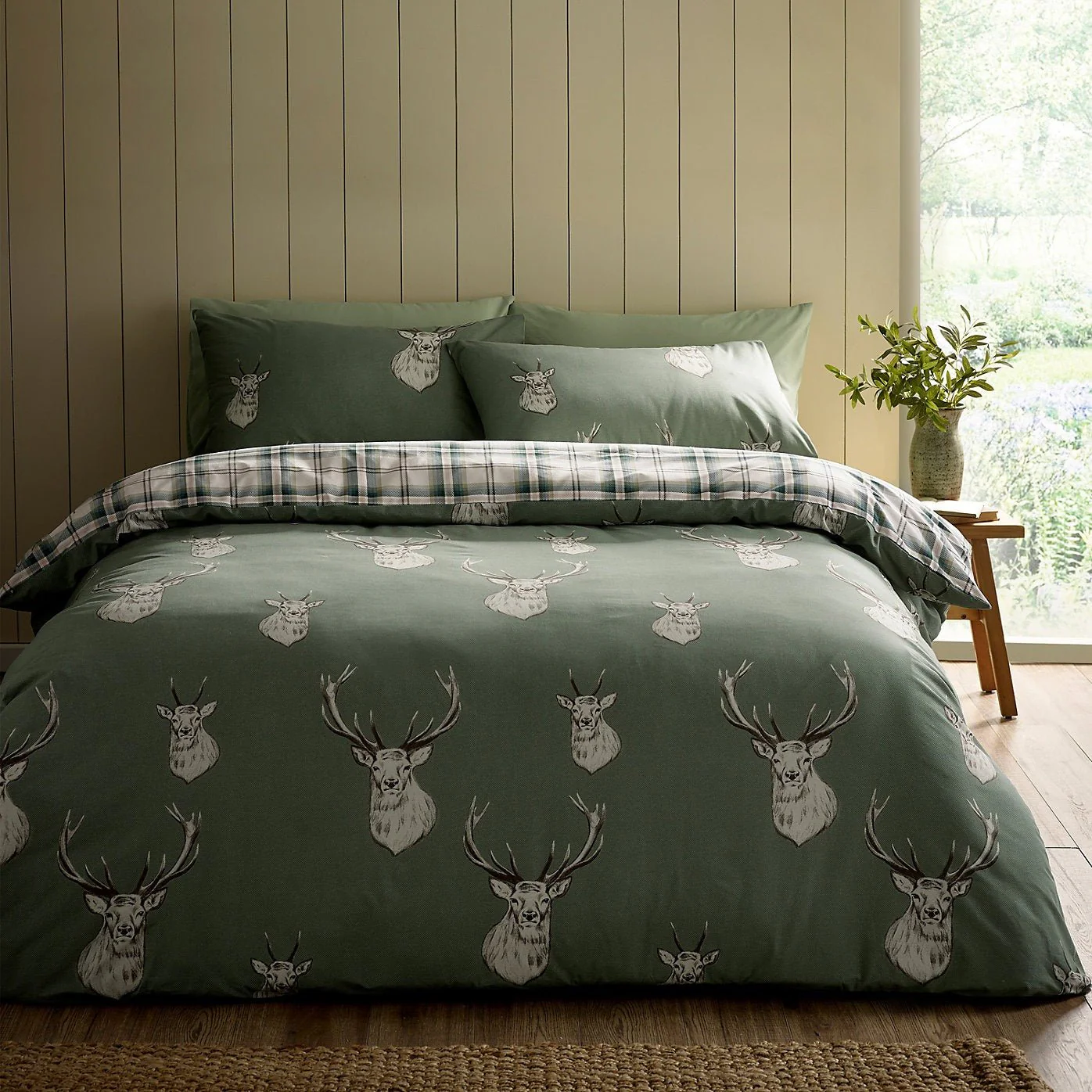 Catherine Lansfield Bedding Stag Check Duvet Set Soft Green - Superking