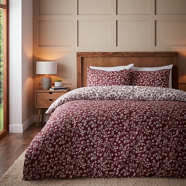 Catherine Lansfield Brushed Cotton Grace Floral Leaf Reversible Duvet Cover Set – Double