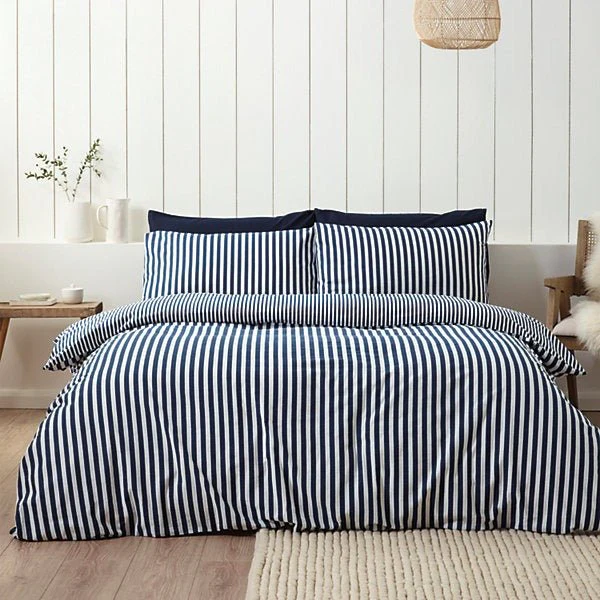 Catherine Lansfield Brushed Cotton Navy Blue Stripe Reversible Duvet Cover Set - Double