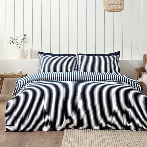 Catherine Lansfield Brushed Cotton Navy Blue Stripe Reversible Duvet Cover Set - King Size - Image 2