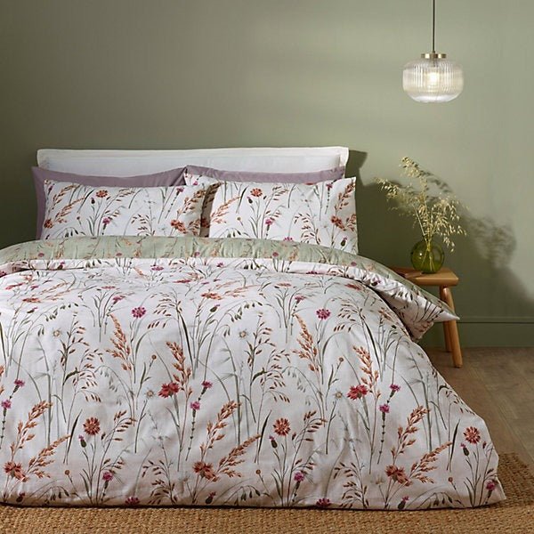 Catherine Lansfield Brushed Cotton Reversible Duvet Cover Set – Grasmere Floral Green (King)