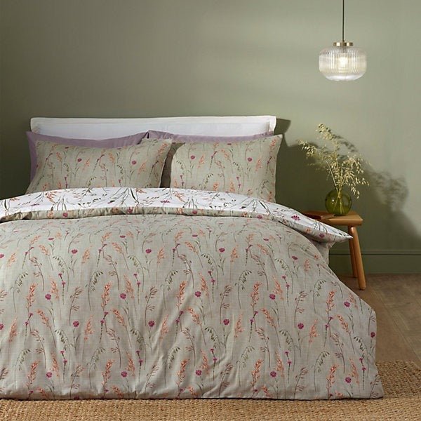 Catherine Lansfield Brushed Cotton Reversible Duvet Cover Set – Grasmere Floral Green (King) - Image 2