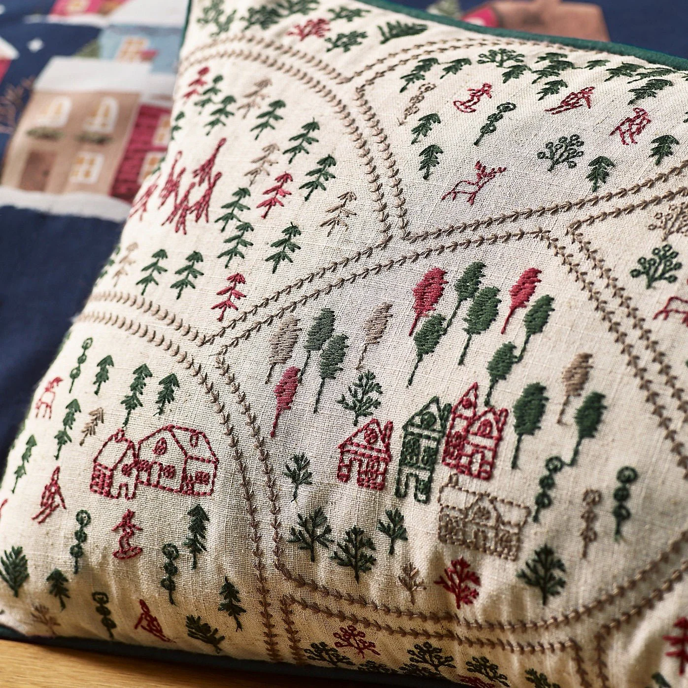Catherine Lansfield Christmas Ski Village Embroidered Cushion – Natural (30x50cm) - Image 2