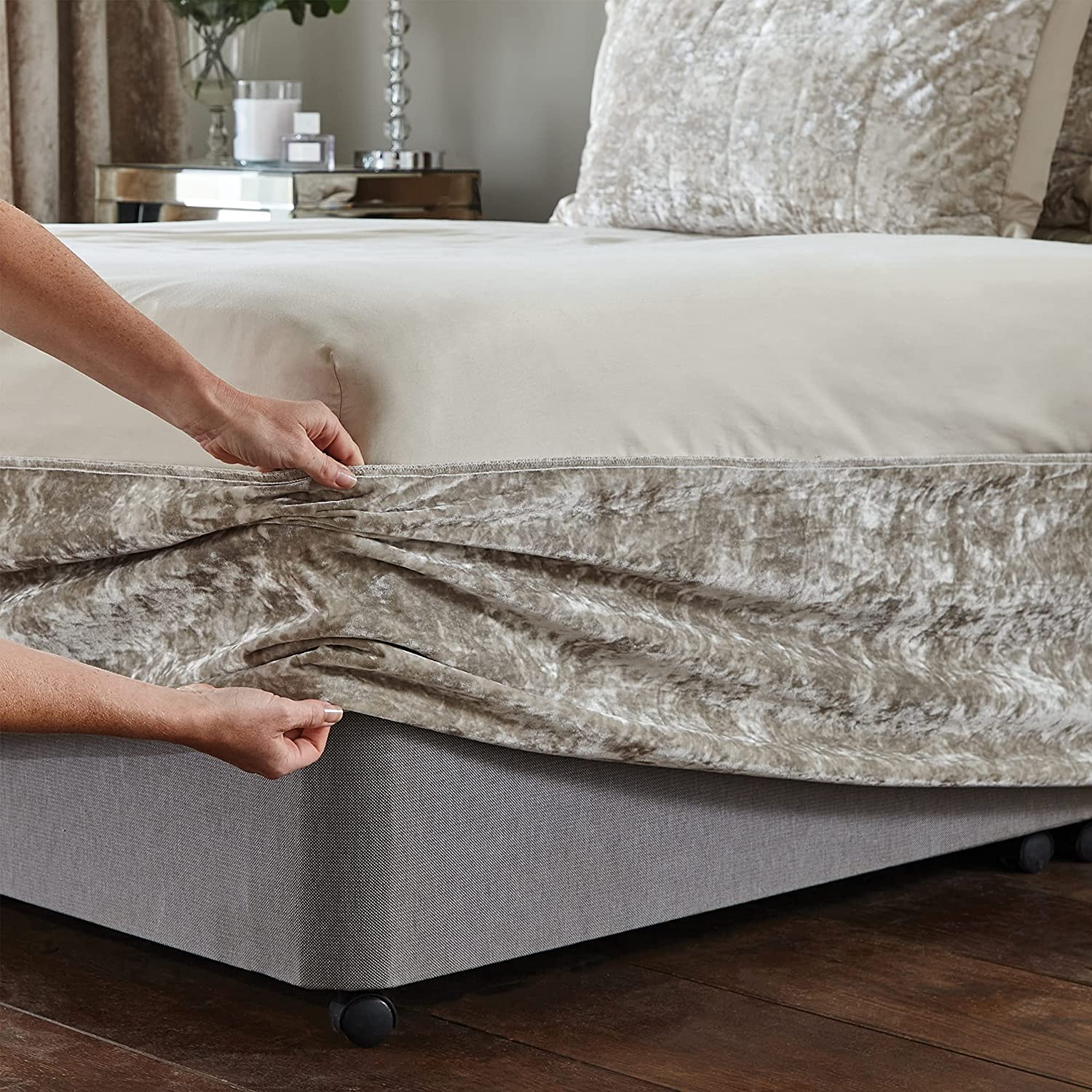 Catherine Lansfield Crushed Velvet Kingsize Divan Base Wrap Natural - Image 3