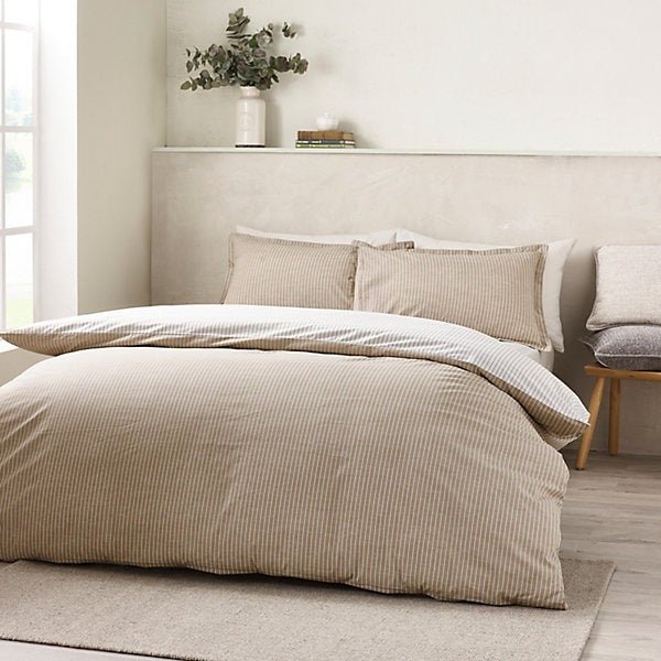 Catherine Lansfield Oxford Pinstripe Reversible Duvet Cover Set – Natural (King) - Image 2