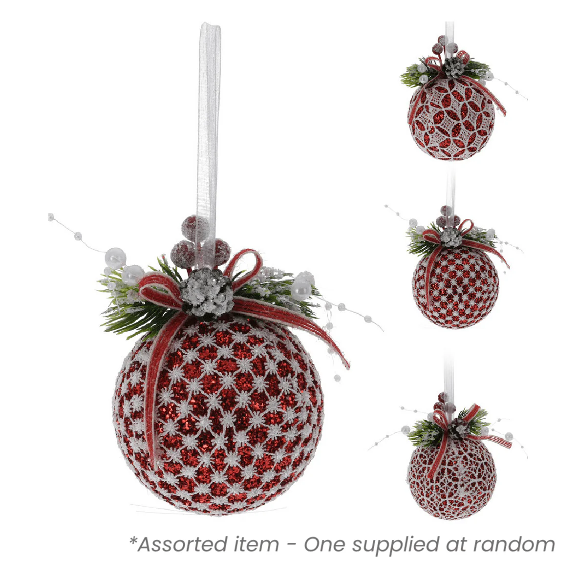 Christmas Lace Red/White Bauble 8cm