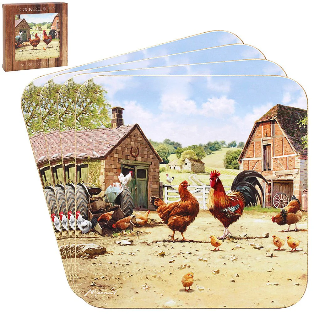 Cockerel & Hen Coasters - Set of 4