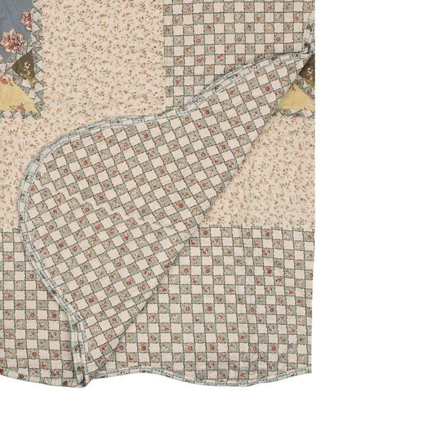 Country Cottage Patchwork Bedspread & 2 Pillowcases Set Blue Beige - Image 3