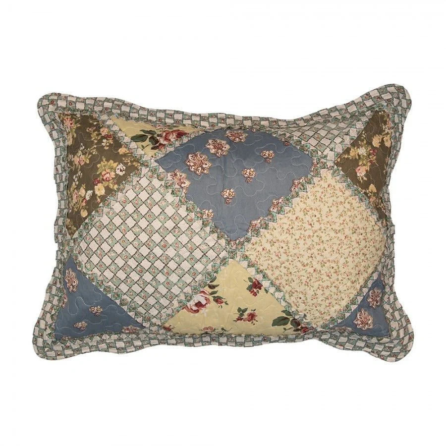 Country Cottage Patchwork Bedspread & 2 Pillowcases Set Blue Beige - Image 4