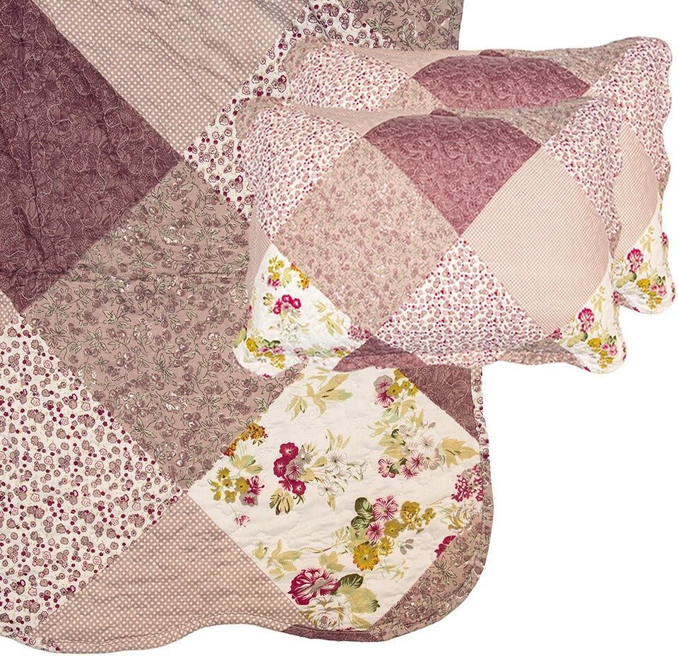 Country Cottage Patchwork Bedspread & 2 Pillowcases Set Purple