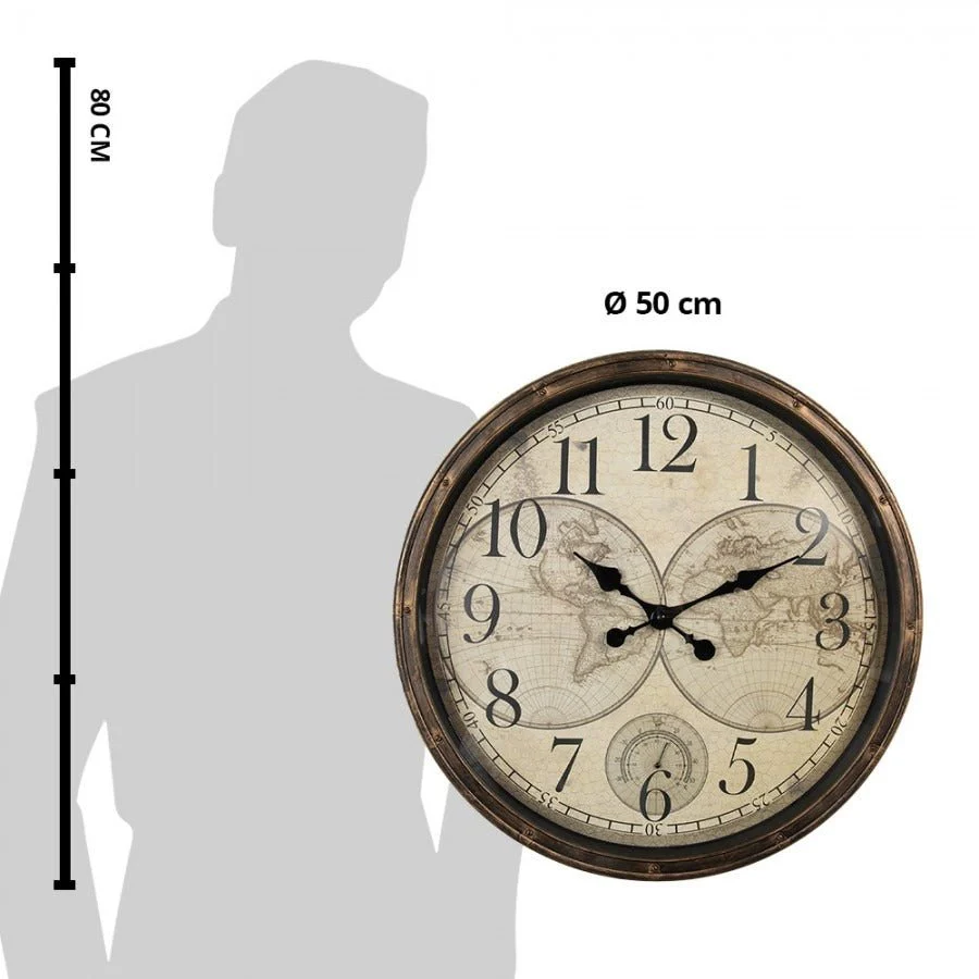 Country Style Wall Clock 50cm Brown Beige World Map - Image 3