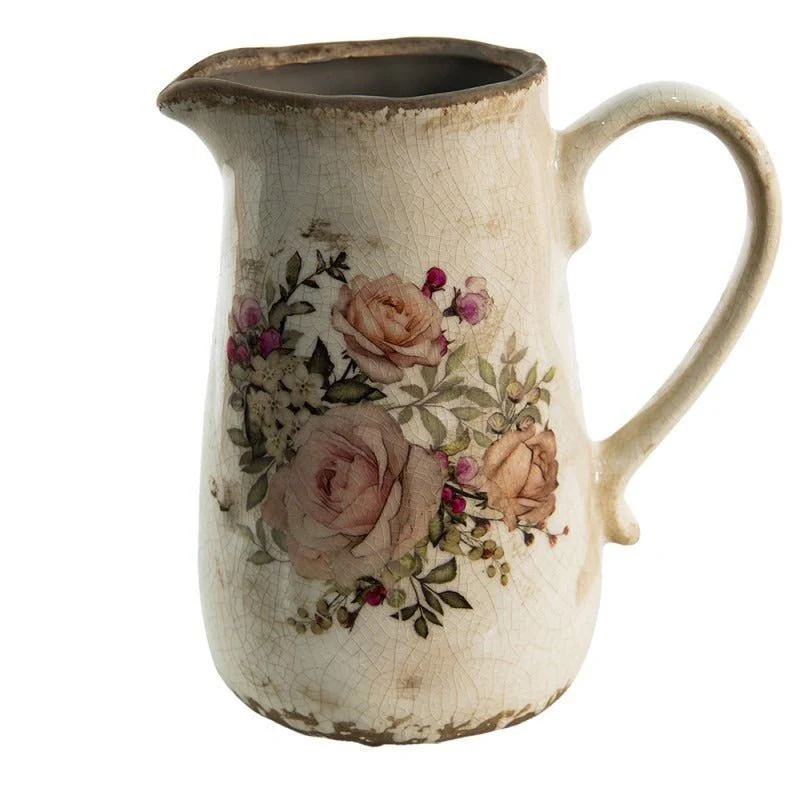 Decorative Jug 1500ml Pink Beige Ceramic Flowers